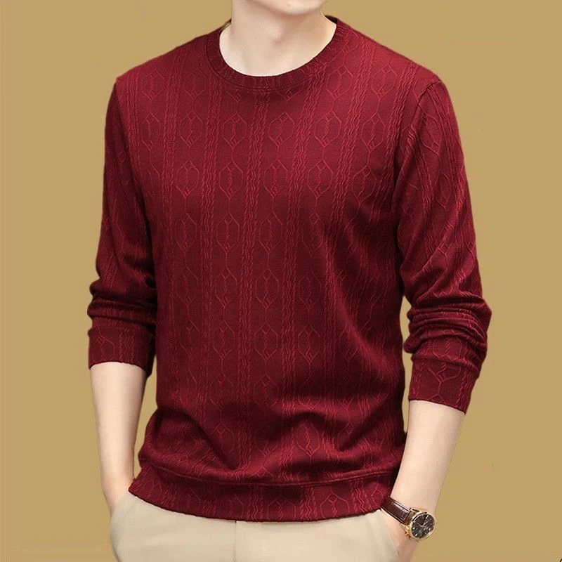 Men Round Neck Jacquard Knit Sweatshirt Solid Color High Grade Long Sleeve Inner Base Top Autumn