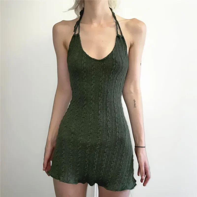 

Vintage Knitted Halter Mini Dress Sexy Bandage Hollow Out Backless Dresses Elegant Sleeveless Party Dresses Bohemia Vestidos Y2k