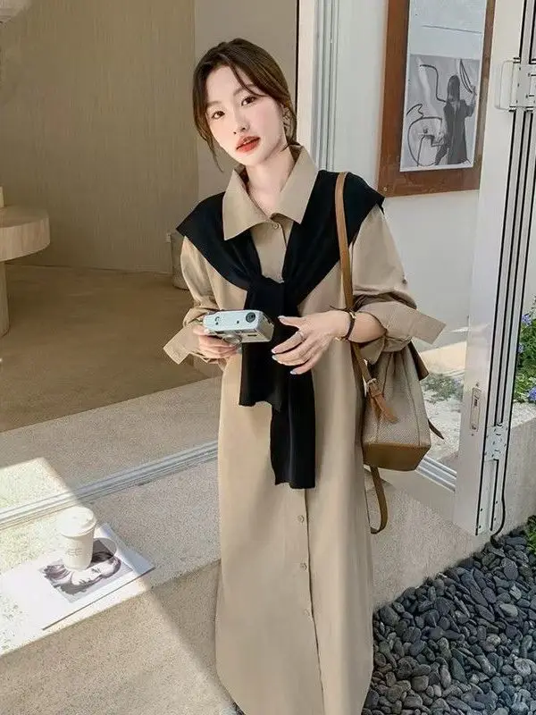

plus Size Shirt Dress Women's Casual Straight Cut Long Sleeve Collar Coat Style Dress Slimming Versatile Autumn Fashion