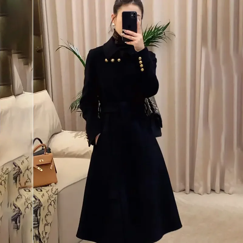 Chic Casual Wool Trenchcoat Jacket Women's Overcoat 2024 Autumn Winter New Fashion Mid-Length Belt Elegant Wool Coat Outwear