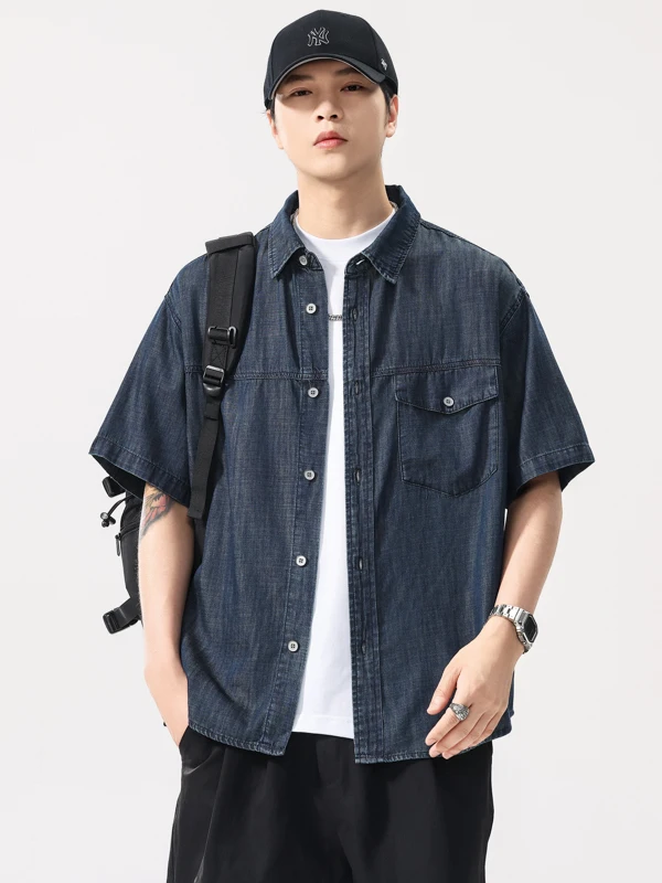 

American High-End Cotton Linen Simulation Silk Ice Silk ort Sve Men's Denim irt Summer Thin Outerwear Workwear irt