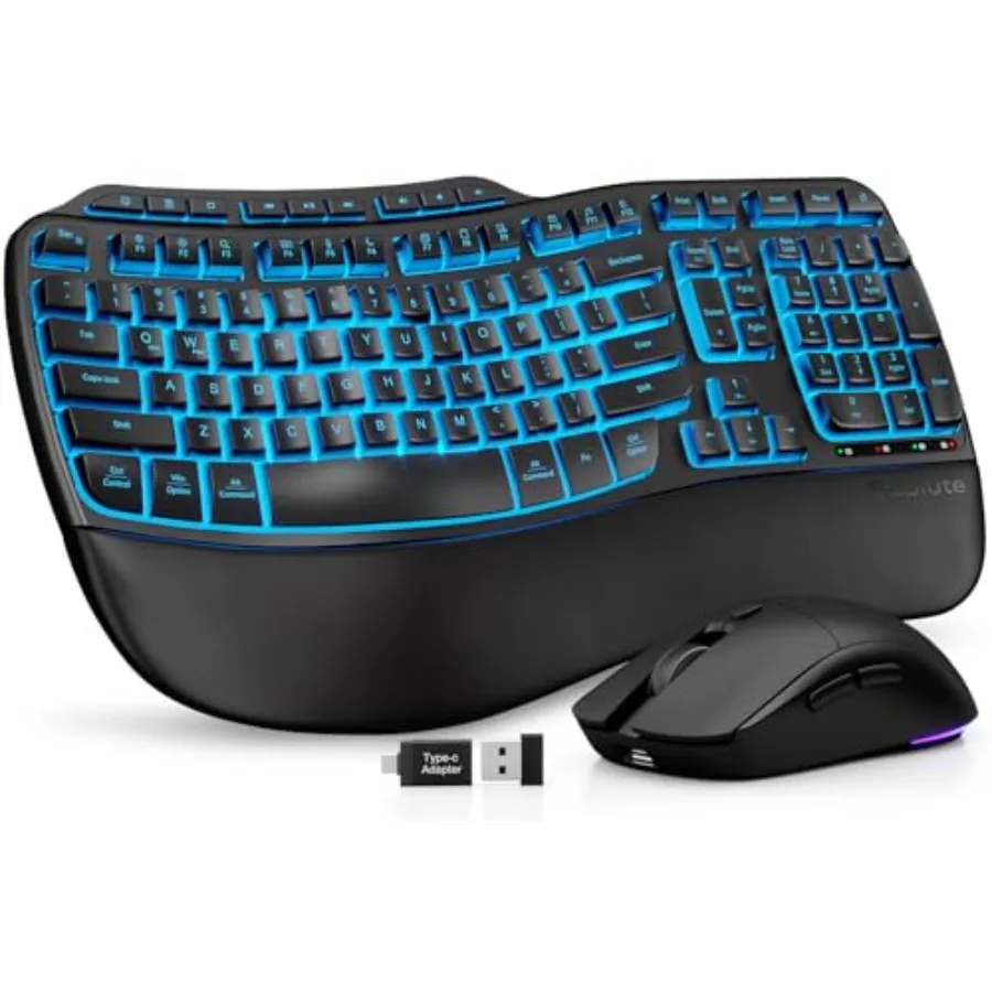 Ergonomic Wireless Keyboard and Mouse Combo: Rechargeable 4000mAh Backlit Keyboard with Faux Lambskin Palm Rest Wave Keys GrayF