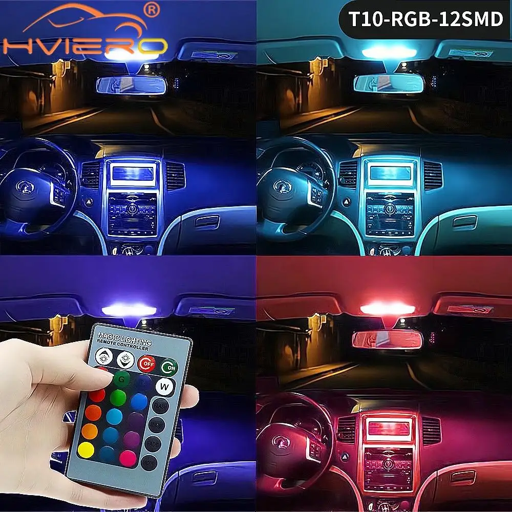 2X Auto Interior Decoration LED T10 W5W Atmosphere Car Light RGB Remote Controller Colorful Reading Door Side Marker Tail Backup