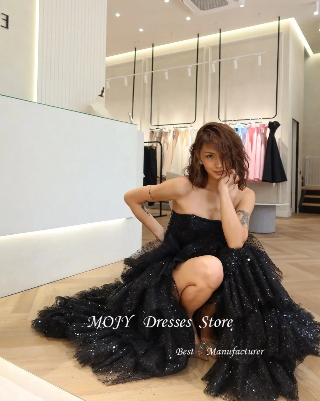 Mojy Shinny Spray gold Tulle A-line Evening Dress Sleeveless Tiered Prom Gown Side High Slit Formal Event vestido Customized
