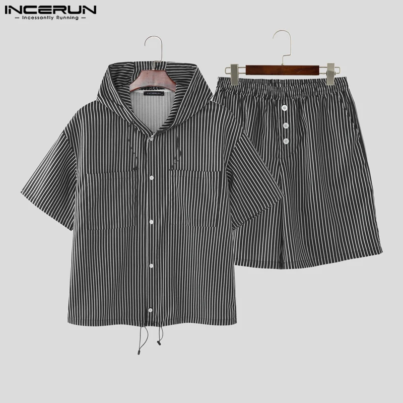 

INCERUN Men's Sets Striped Two-piece Suits Fashion Summer Hooded Shirts Casual Male Shorts Streetwear 2PCS Tops Short Pants