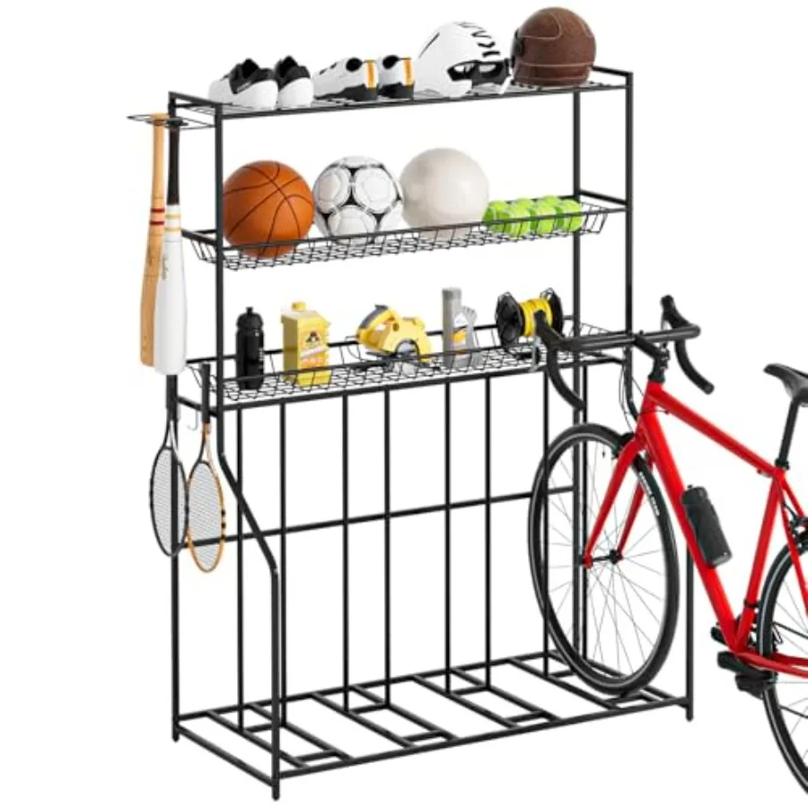 

4 Bike Stand Bike Rack Garage with 3-Tier Storage Rack Bicycle Stand for Garage Organizer Indoor Sporting Gear Storage Station