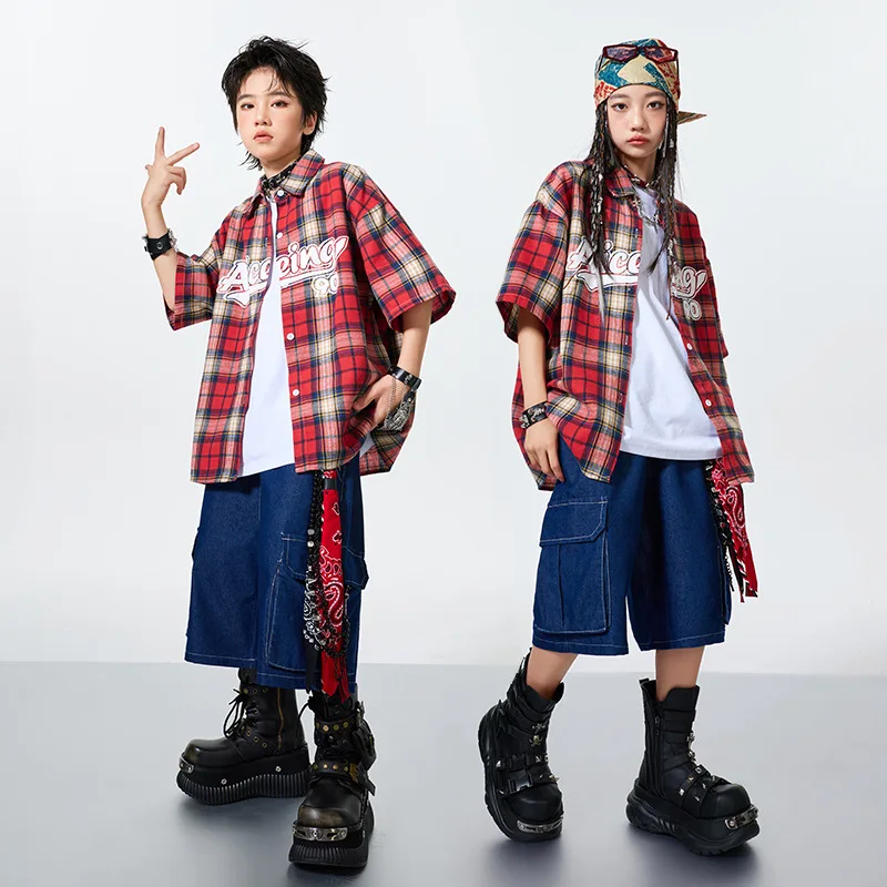 Jongens Ballroom Hip Hop Danskostuums Meisjes Losse Geruite Shirt Denim Shorts Set Mode Streetwear Groep Jazz Prestaties Slijtage