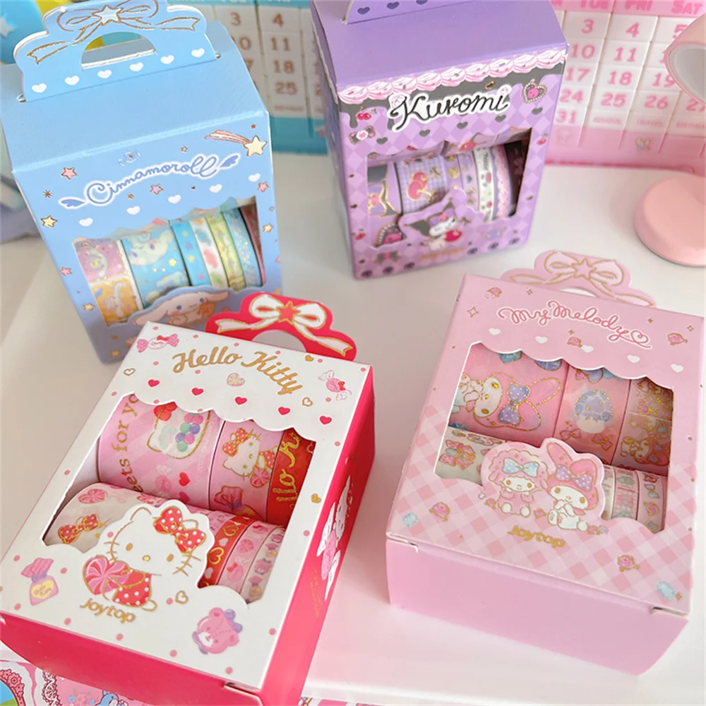 10Roll/Box Sanrio Hello Kitty Cinnamoroll Tape Sticker Cute Cartoon Handbook Hot Stamping Stickers Toys Gifts