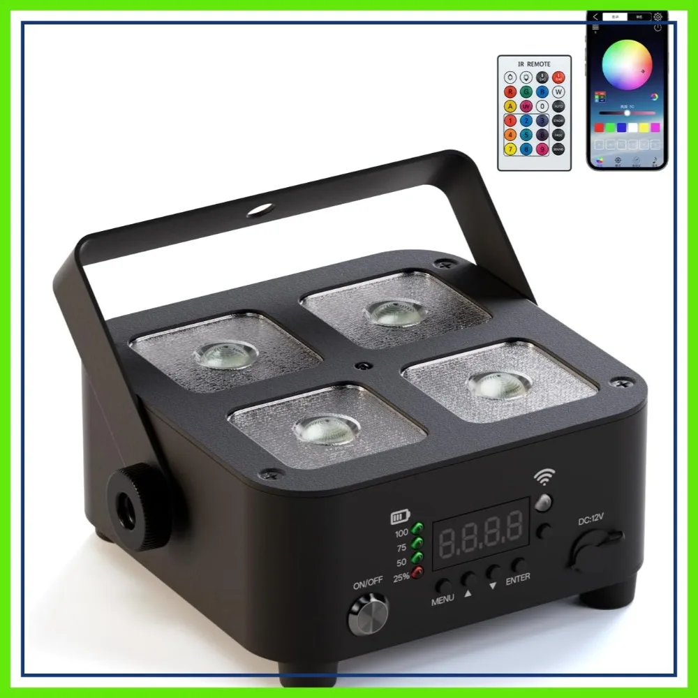 

Wireless Rechargeable Stage Lights, 5200mAh Par Lights, 40W RGBW+UV, App/Remote/DMX Control for Weddings, Events, DJ Shows