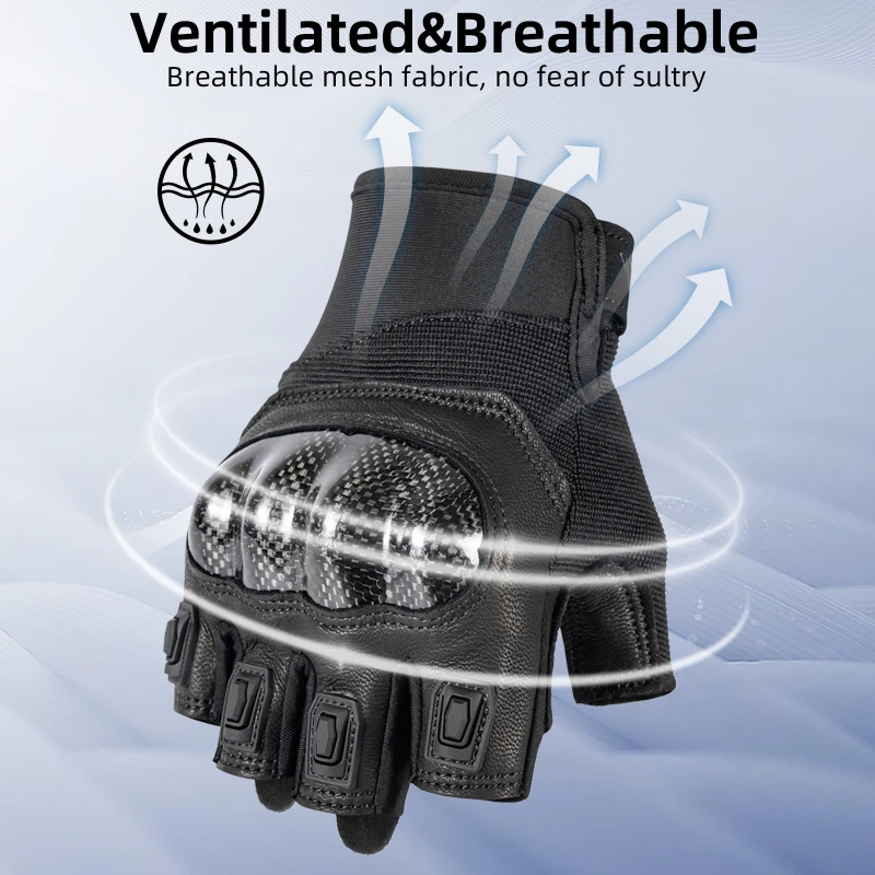 Summer Motorcycle Gloves Men Women Genuine Leather Half Finger with Carbon Fiber Shell, Breathable Moto Riding Gloves