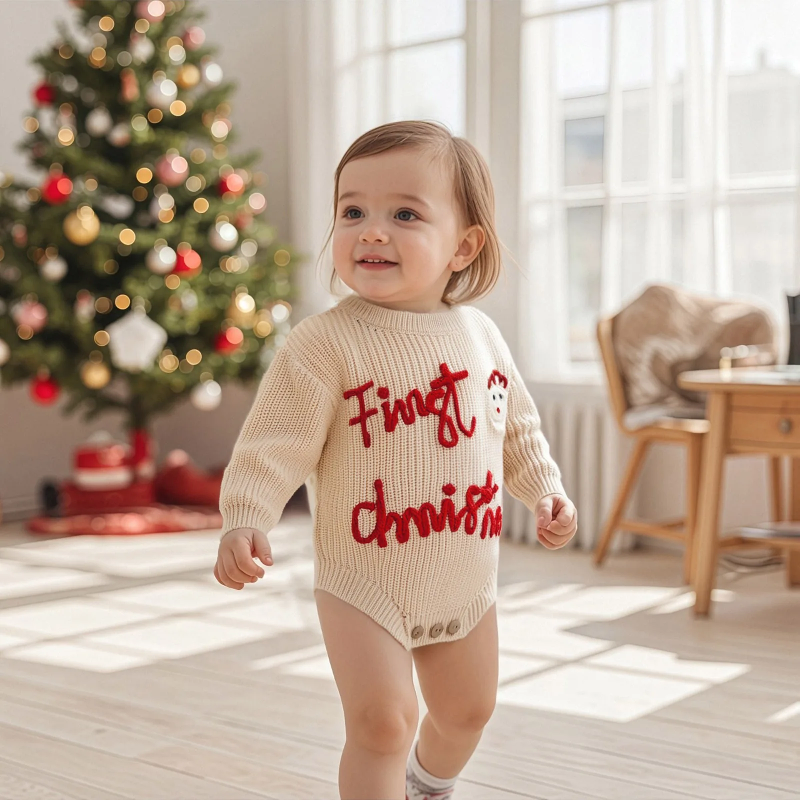 Baby-Strick-Strampler, langärmeliger Body mit Rundhalsausschnitt und Buchstaben, Weihnachtspullover für den Alltag