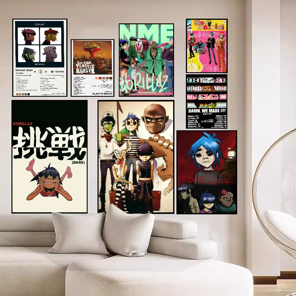 Gorillaz Hip Hop Anime Posters Sticky HD Quality Wall Art Retro Posters for Home Kawaii Room Decor