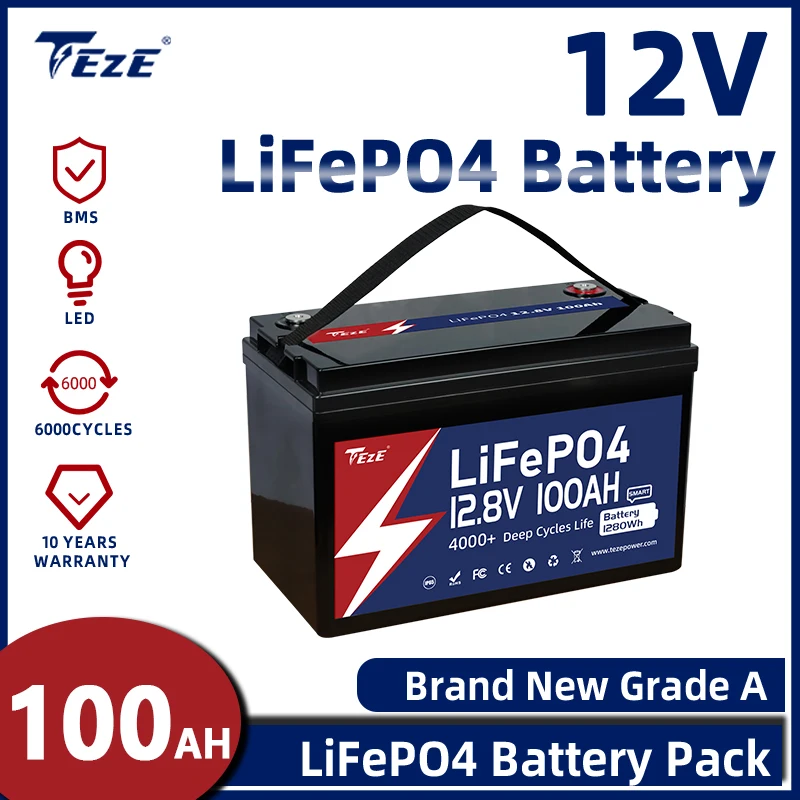 TEZE 12V 100AH LiFePO4 Battery Pack Lithium Iron Phosphate Batteries 6000 Cycle For Solar Boat Home Energy Storage