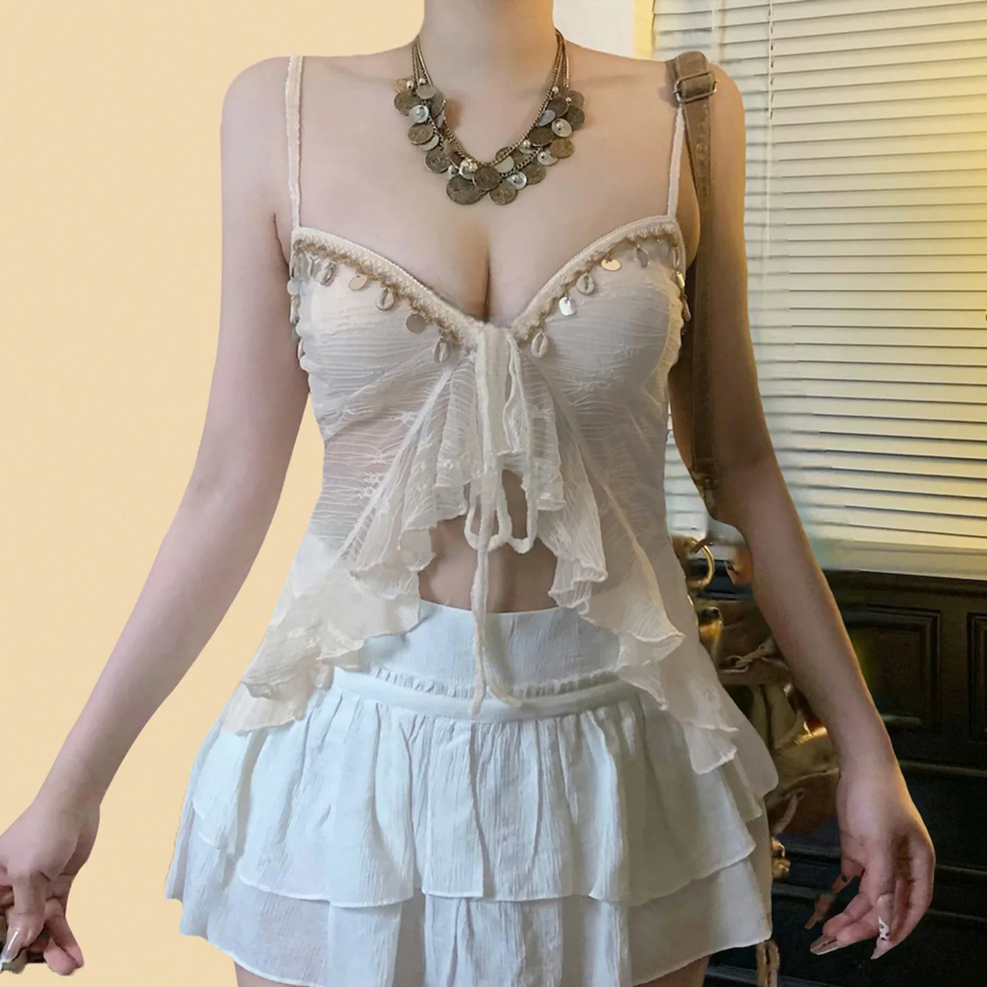 Mode ins pur désir épices filles coquille chaîne col en v nœud irrégulier dentelle vacances fée romantique Sue petite fronde fille