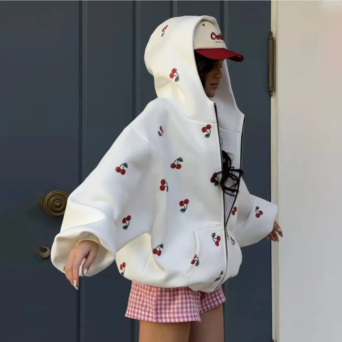 

JHJN женская куртка с капюшоном с вишневым принтом, уличная мода для девочек, подарок на день рождения Chao Pai, легкая спортивная толстовка с капюшоном, люксовый бренд