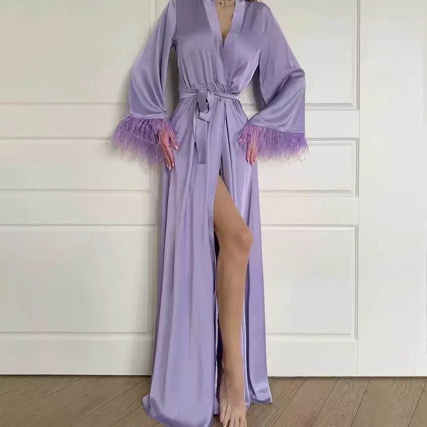 Bride Robe For Wedding Day With Feather Long Silk Lavender Boudoir Kimono Boudoir Lingerie Satin Robes Bridal Bridesmaid Gifts
