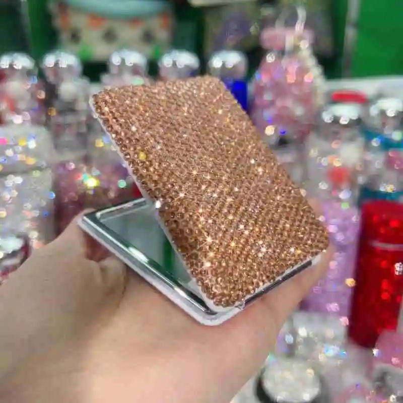 Bling Diamond Makeup Mirror Portable Hand Pocket Double sided Mirror Fold Handheld Salon Compact Mirrors Beauty Tool Gift