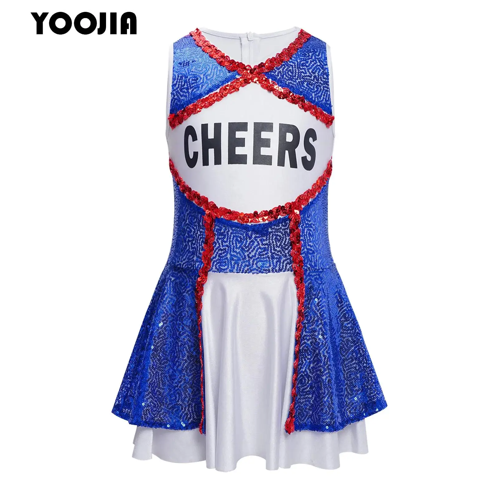 

Kids Girls Cheerleader Dance Dress Uniform Color Block Sparkly Sequin Fancy Dress for Halloween High School Performance Costume