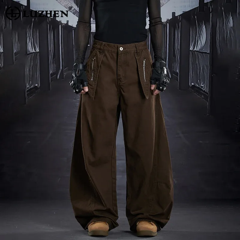 

LUZHEN 2025 новые модные персонализированные карманы на молнии в стиле пэчворк, широкие брюки, мужские однотонные повседневные брюки, мужские JY5303