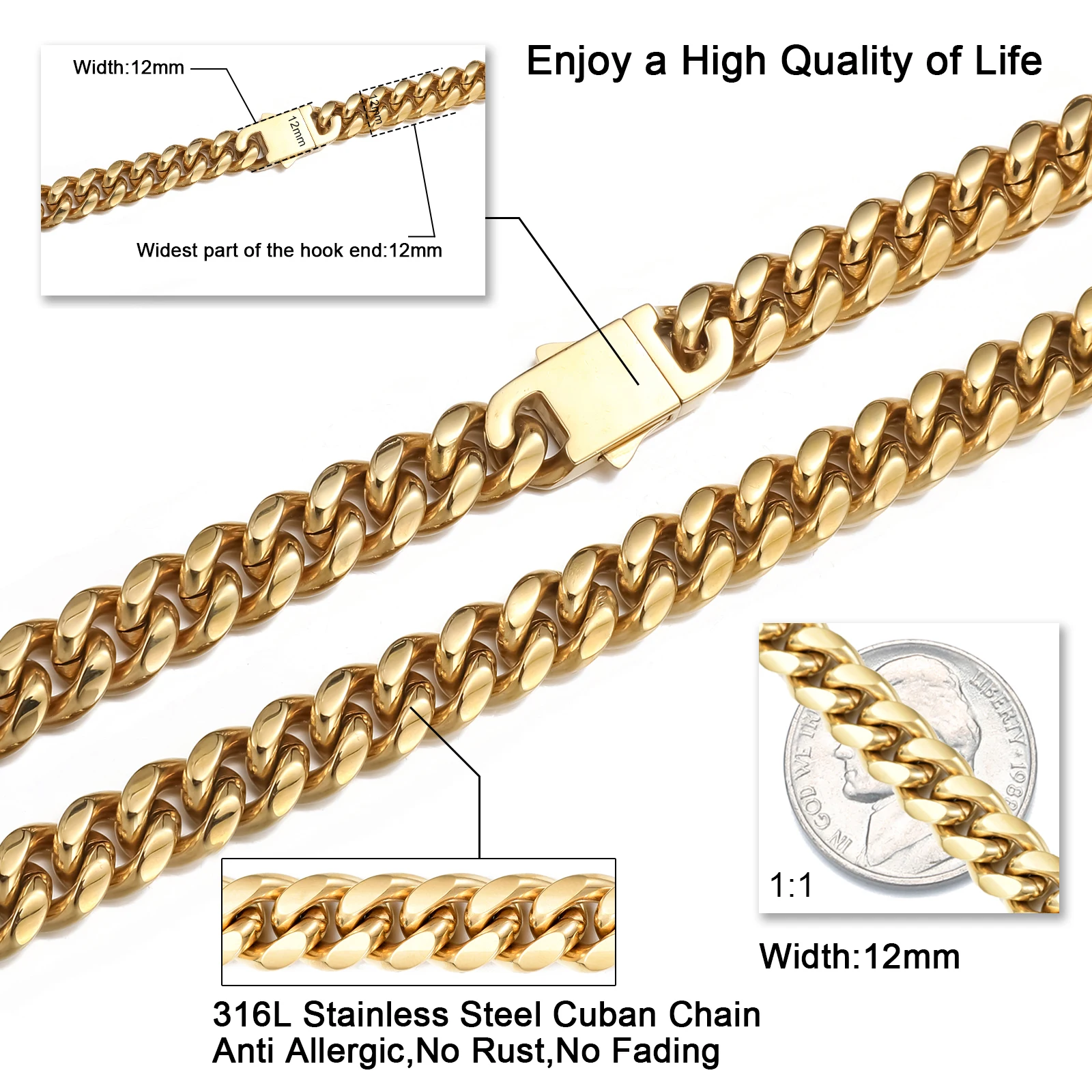 HIP Heavy Miami Cuban Link Chain for Men Women 316L Stainless Steel Necklace 8/10/12MM Choker Jewelry Gift