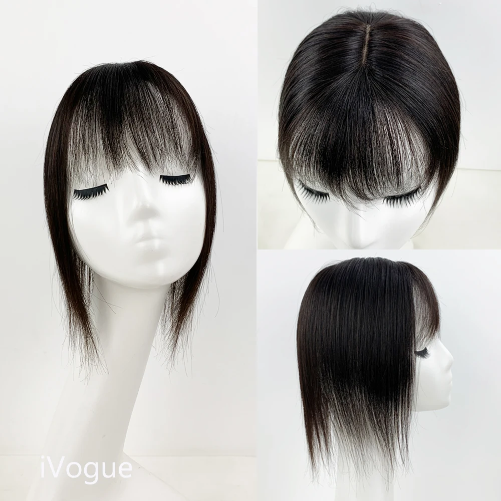 

9X14CM Injected Skin Base Topper with Air Bangs Remy Human Hair 10inch Natural Skin Scalp 4D Fringe for Women Hide White Hair