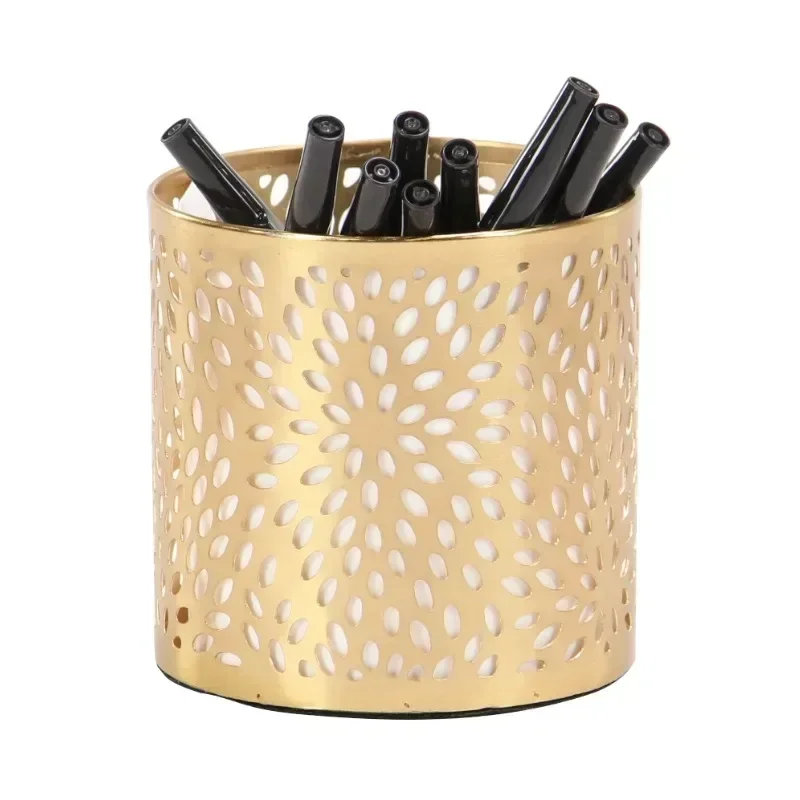 

DecMode 4" x 4" Gold Metal Pencil Cup with Laser Carved Floral Design, 1-Piece