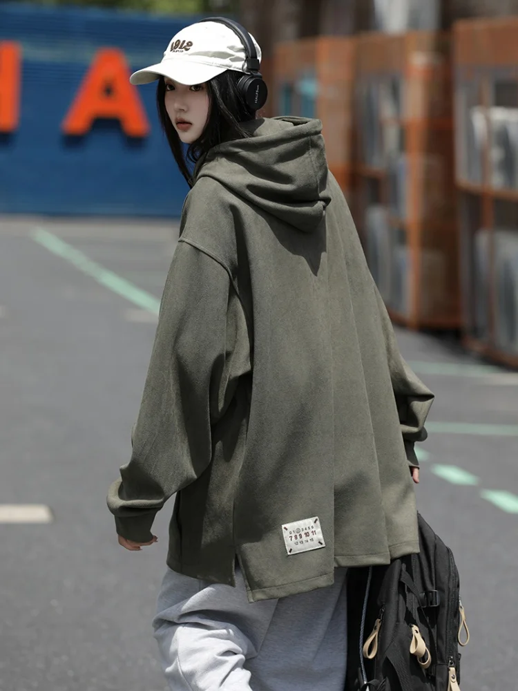 

Ретро-американская мужская толстовка с капюшоном, осенняя новинка, замшевая куртка, однотонная, для подростков, модная повседневная одежда