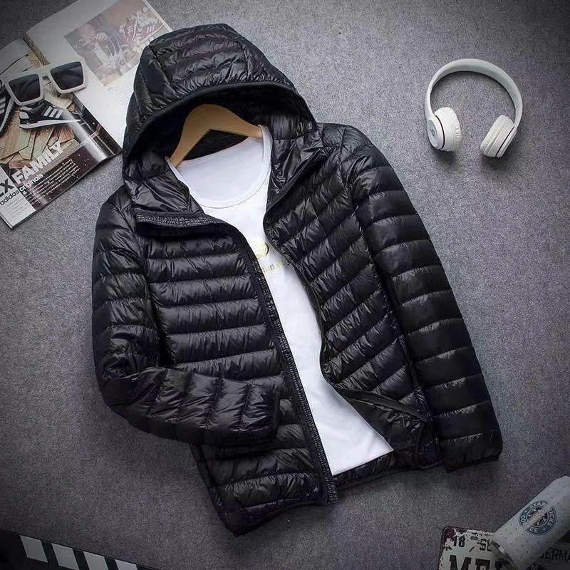 Lightweight Padded Cotton Jacket for Men Stand Collar Short Style Hooded Large Size Outerwear Fashionable Urban Warmth All Se...