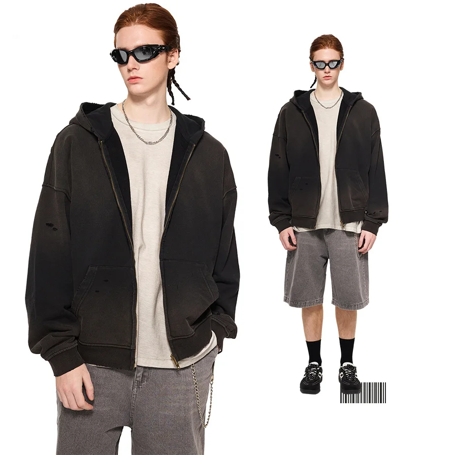 

Customizable Logo Men's Cotton Hoodie, Distressed Washed Zip-up Hoodie, American Streetwear Style, Retro Lapel Leather