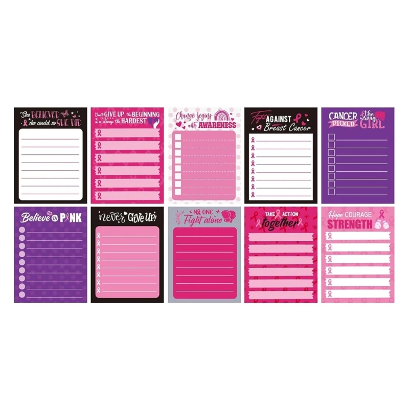 10x Self-Adhesive Sticky Notes Writable Memo Pads Pink Ribbon Theme Post Notes School Office Supplies for Students