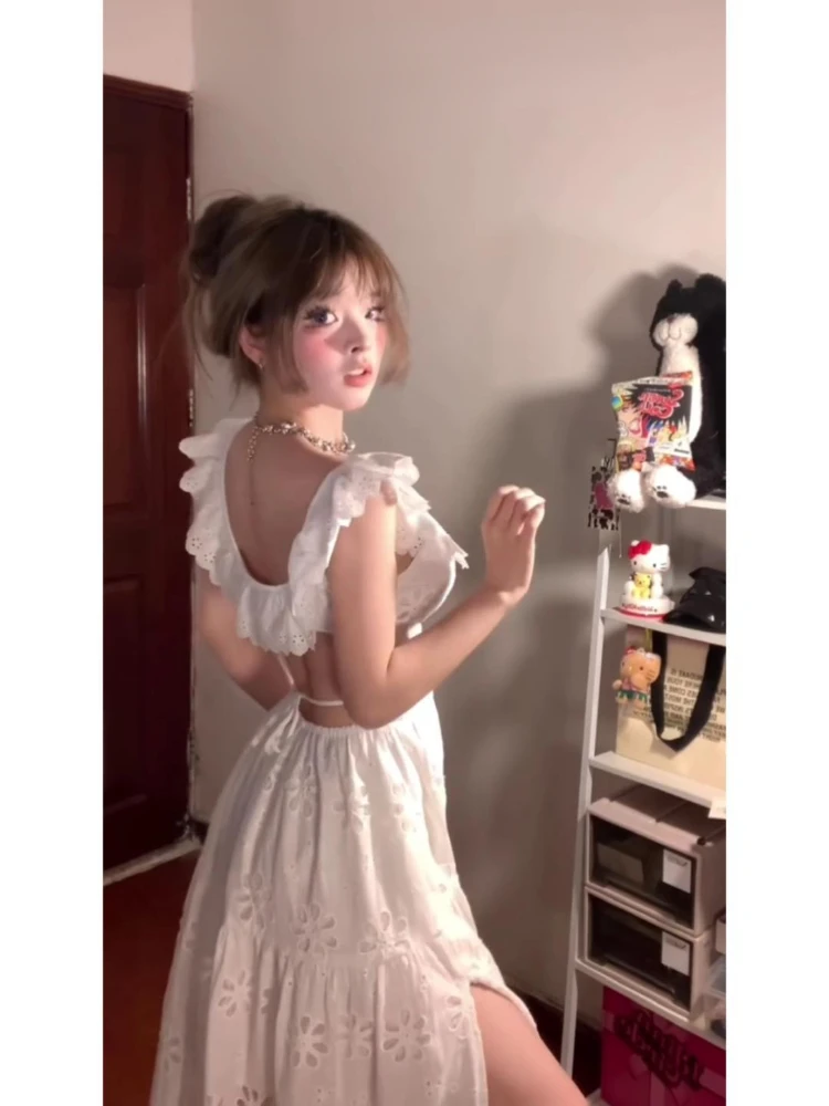 French Women White Square Neck Backless Ruffled Edge Pleated Long Dresses Vintage Hollowed Out Crochet Party Prom Dress Summer
