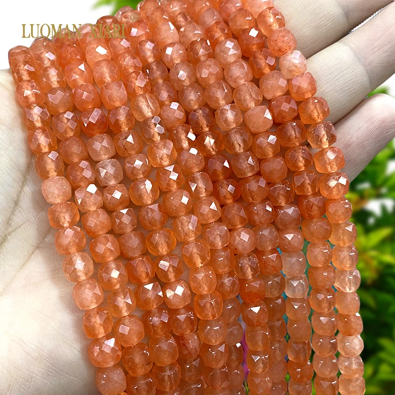 7x7MM Faceted Square Natural Stone Light Orange Chalcedony Loose Spacer Beads for Jewelry Making Diy Bracelet Accessories