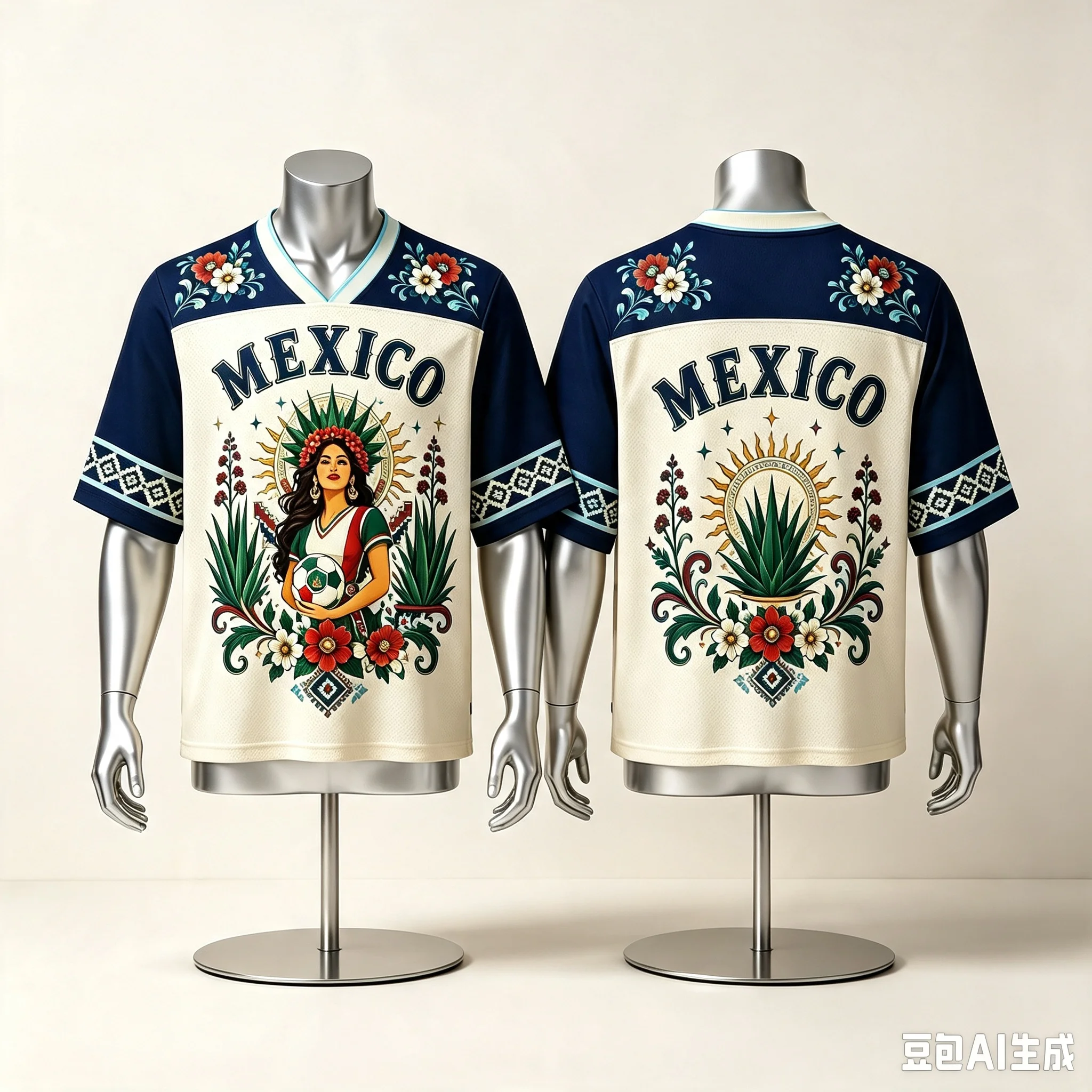Family Replica Sport Jersey,V‑Neck Short‑Sleeve Mesh Top,Mexico Folk Floral Totem Art Print, Breathable Casual Street Fan Tee