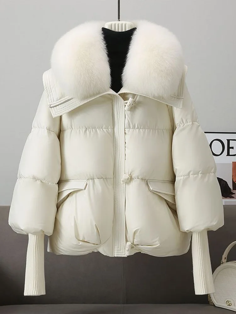 

2025 New Winter Parka Coat for Women Big Fur Collar Down Jacket Long Sleeve Autumn Cotton Warm Outerwear Korean Casual Fashion