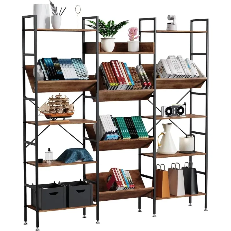 Triple Wide 5 Tier Bookshelf,Large Industrial Rustic Bookcases with 14 Open Display Shelves & 2 Large Drawers,Tall Bookshelf