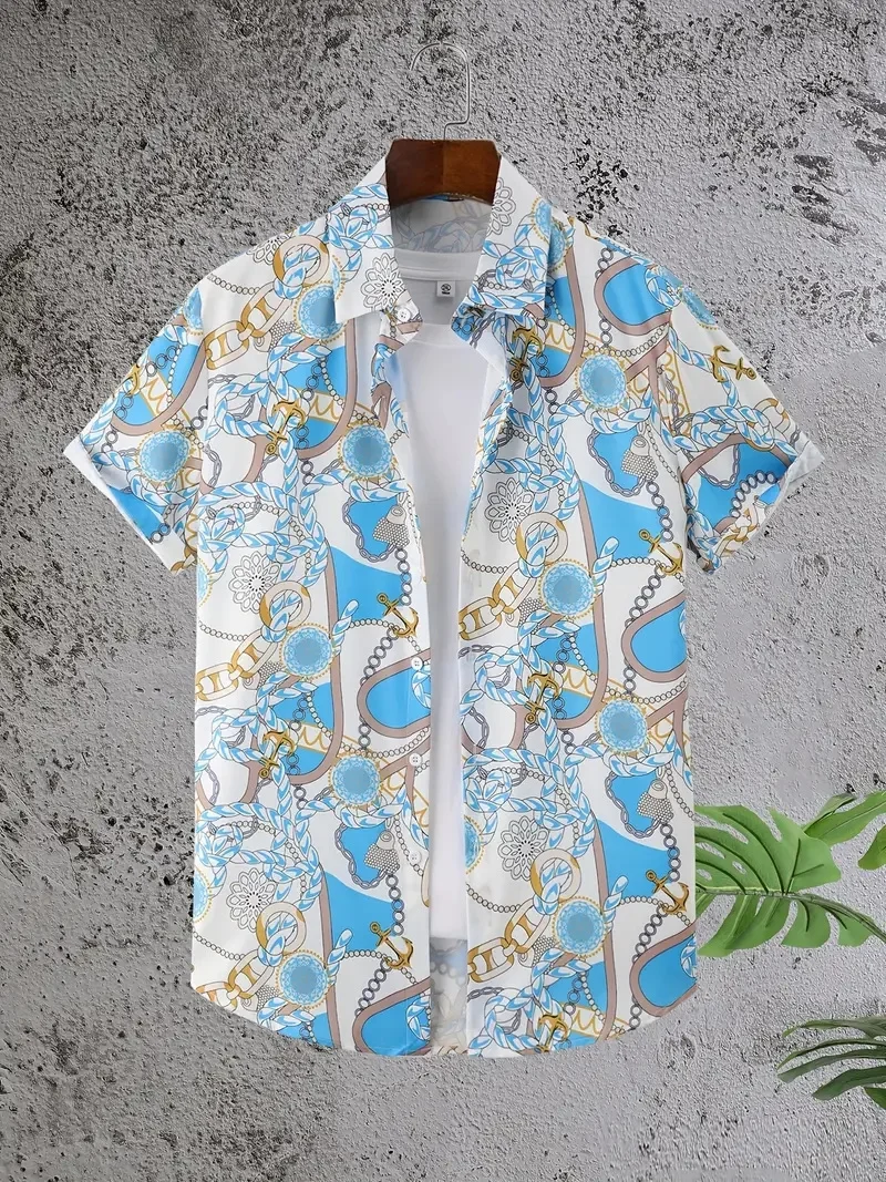 

Men's Hawaiian floral pattern print shirt with lapels, button fly and short sleeves, stylish and fashionable design, comfortable