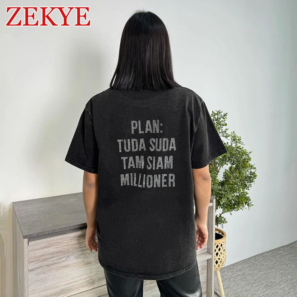 Zekye Rhinestone Casual Distressed Black T Shirt Short Sleeves Summer Vintage Fashion Harajuku Loose Tee Shirt Women Streetwear