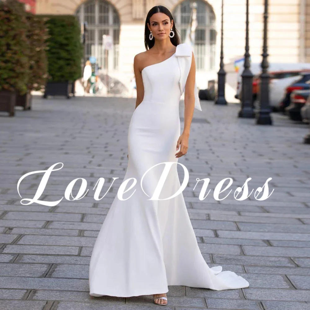 

Love Simple One Shoulder Big Bow Meimaid Stain Wedding Dress Elegant Sleeveless Floor Length Backless Bridal Gown Robe de mariée