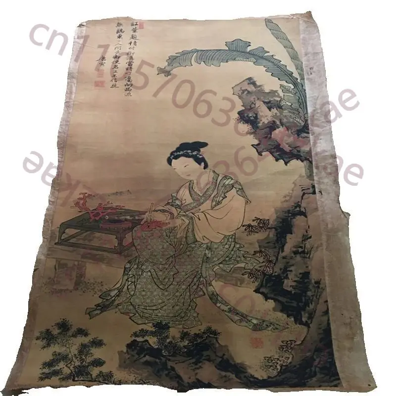 Pergamino chino antiguo con el poema de la hoja roja del pintor Tang Yin, cuadro decorativo en papel de arroz, obra de arte decorativa.