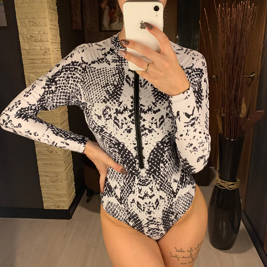 Sexy Reißverschluss Surf Rash Guard Einteiliger Badeanzug Damen Bademode Weiblicher Badeanzug mit Schlangenhaut-Print und langen Ärmeln V2108L – Detail 6