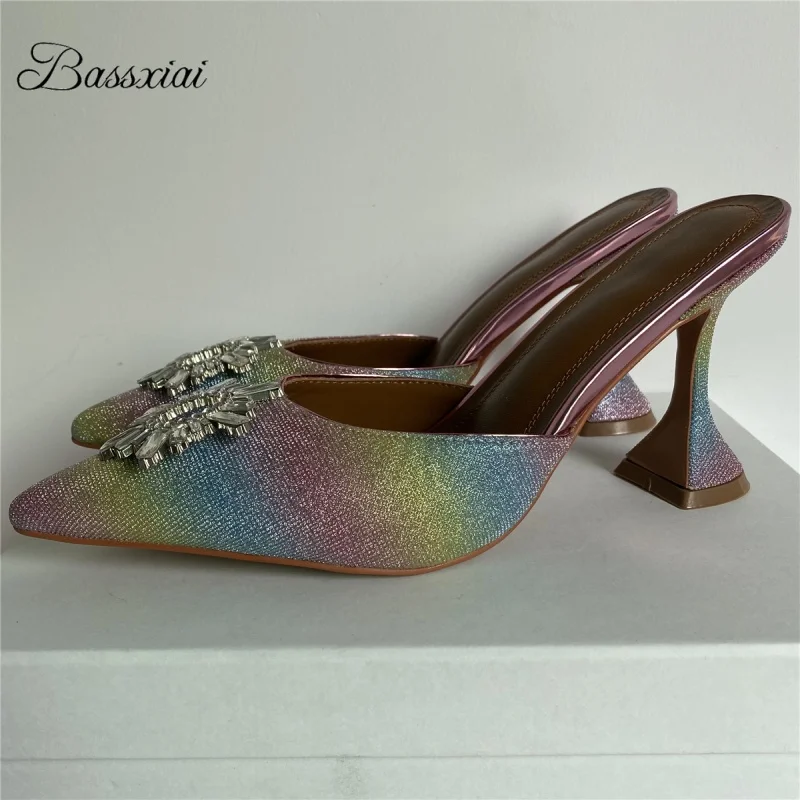 

Colorful Bling Sequins Sandals Women High Goblet Heel Rhinestone Buckle Decor Slingbacks Summer Mules