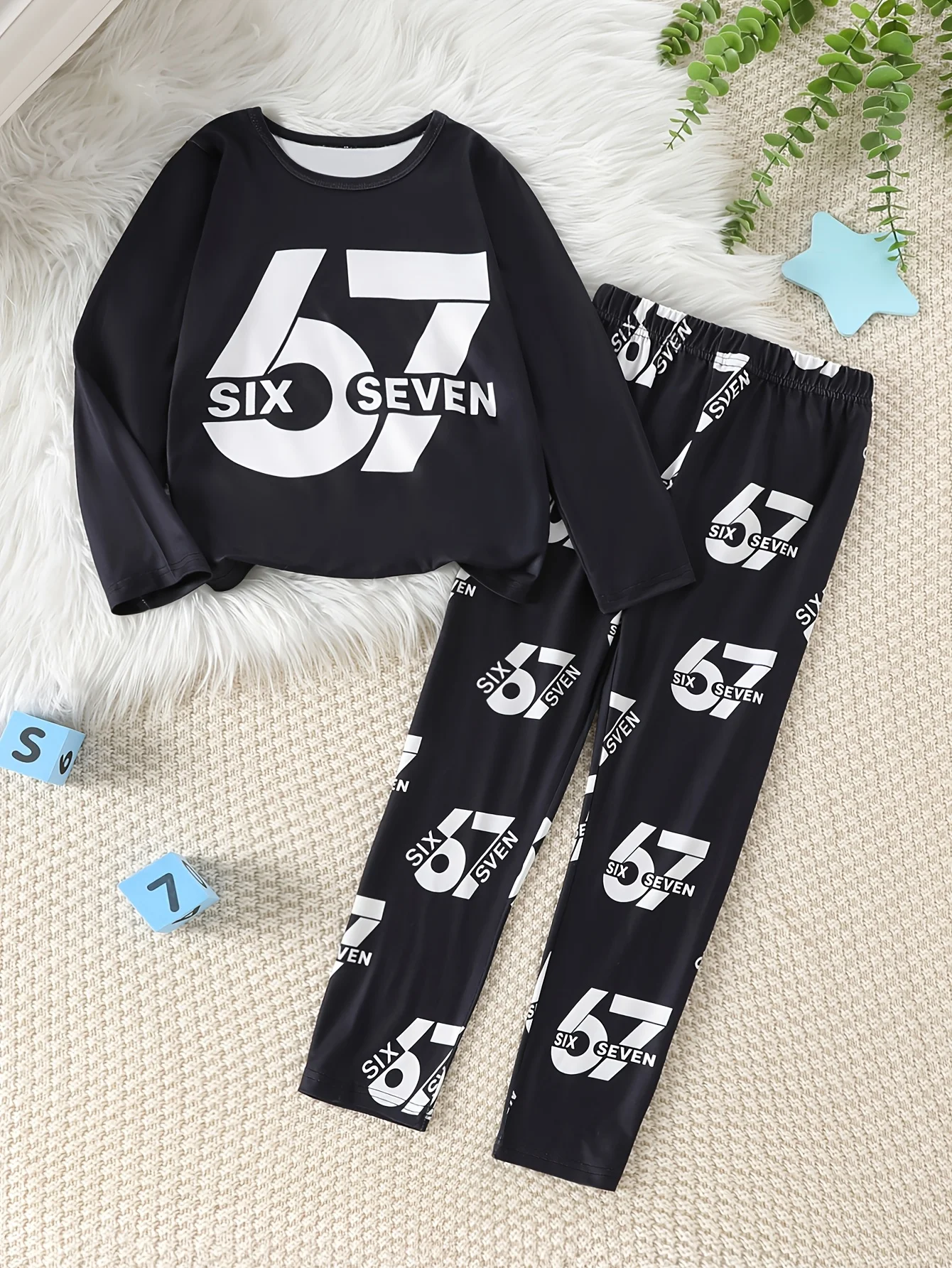 

Kids Long Sleeve Set SIX SEVEN Graphic Print Children Outfit Boys Girls Casual Nightwear Daily Wear Trendy Kids Clothing