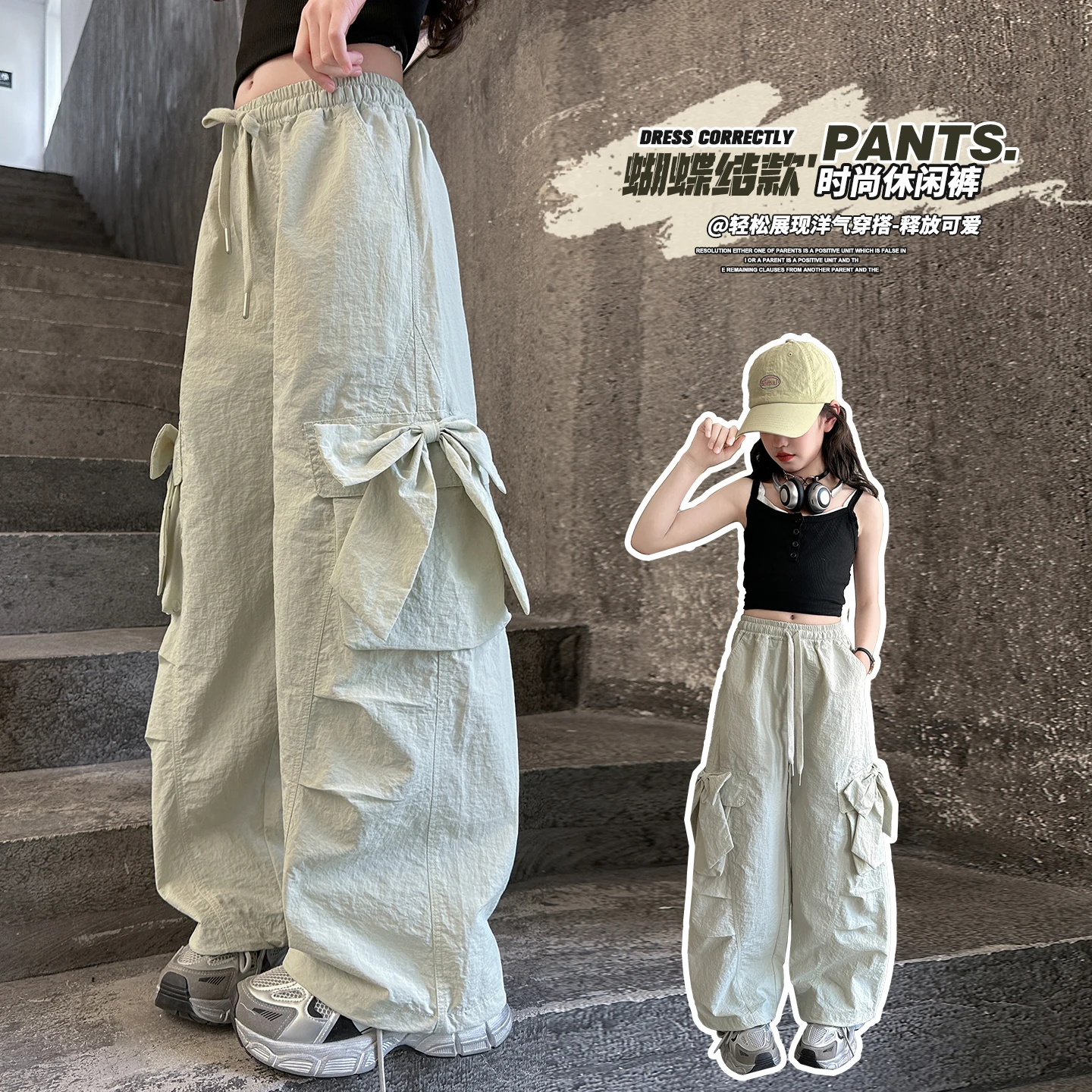 

2026 Girls Pants With Side Bow Pockets Teen Kids Bite-Proof Hiking Mosquito Utility Pants Child Cargo Trousers Toddler Age 4-14Y