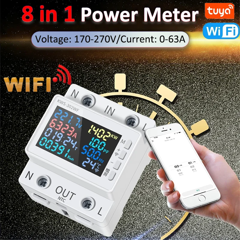 Tuya WiFi Smart Power Meter 8-In-1 170-270V 63A Voltage and Current Meter APP Control Smart Life 2P AC Energy Power Voltmeter