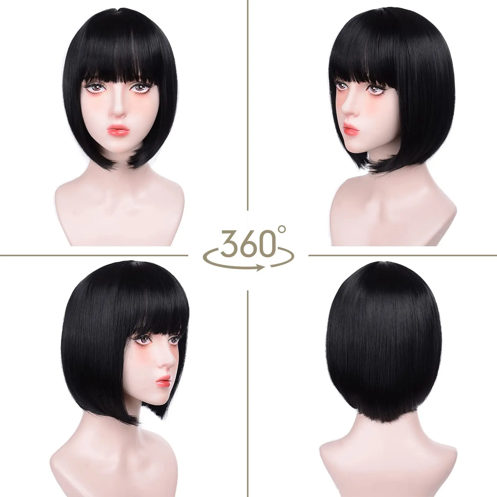 Wig Sintetis Bob Merah Muda Rambut Lurus Pendek dengan Poni Cosplay Halloween Multiwarna Pakaian Sehari-hari Wig Sutra Suhu Tinggi