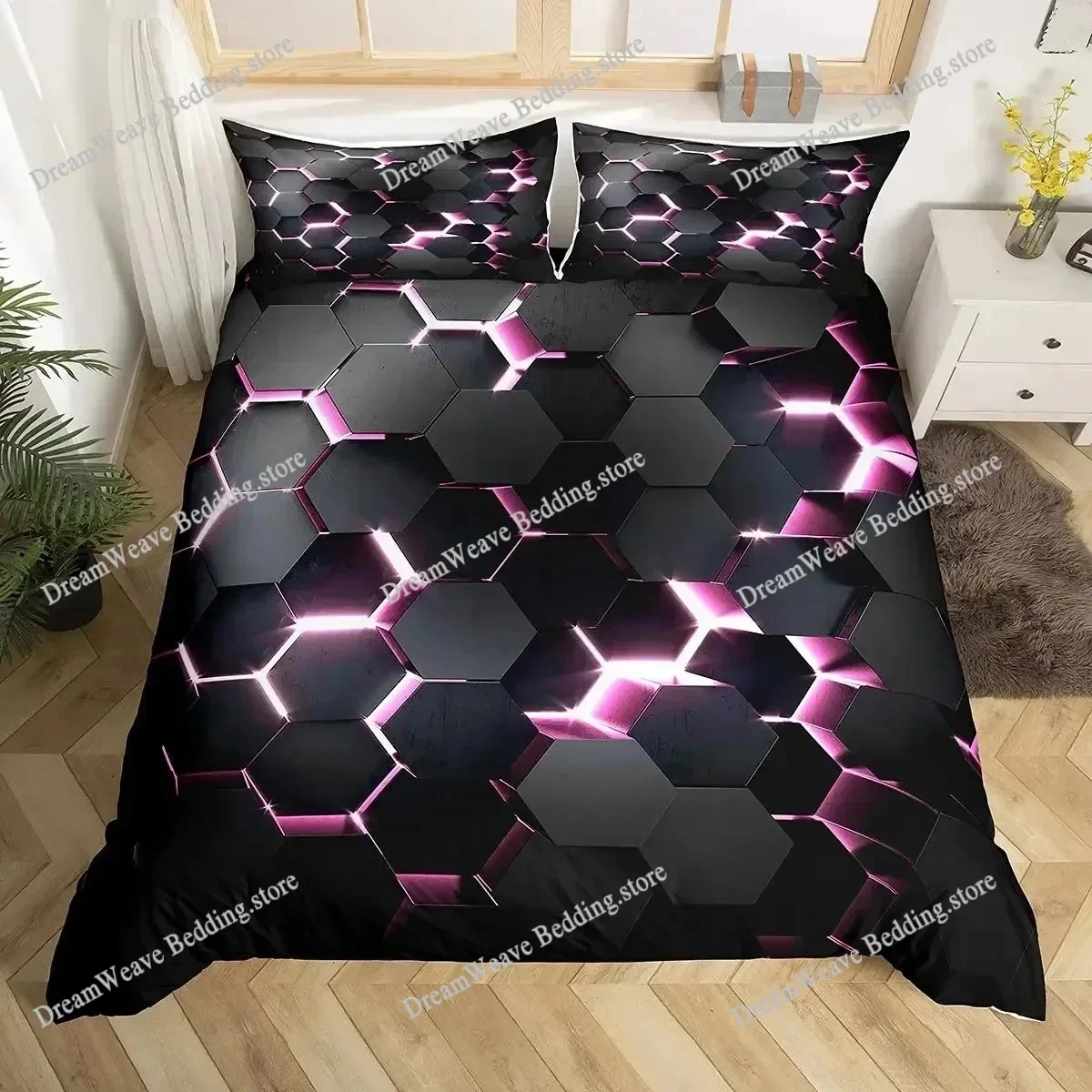 

3D Honeycomb Duvet Cover Set Queen Size Geometry Hexagon Theme with Neon Lights Chic Comforter Bedding Set for Boys Teen Man9639