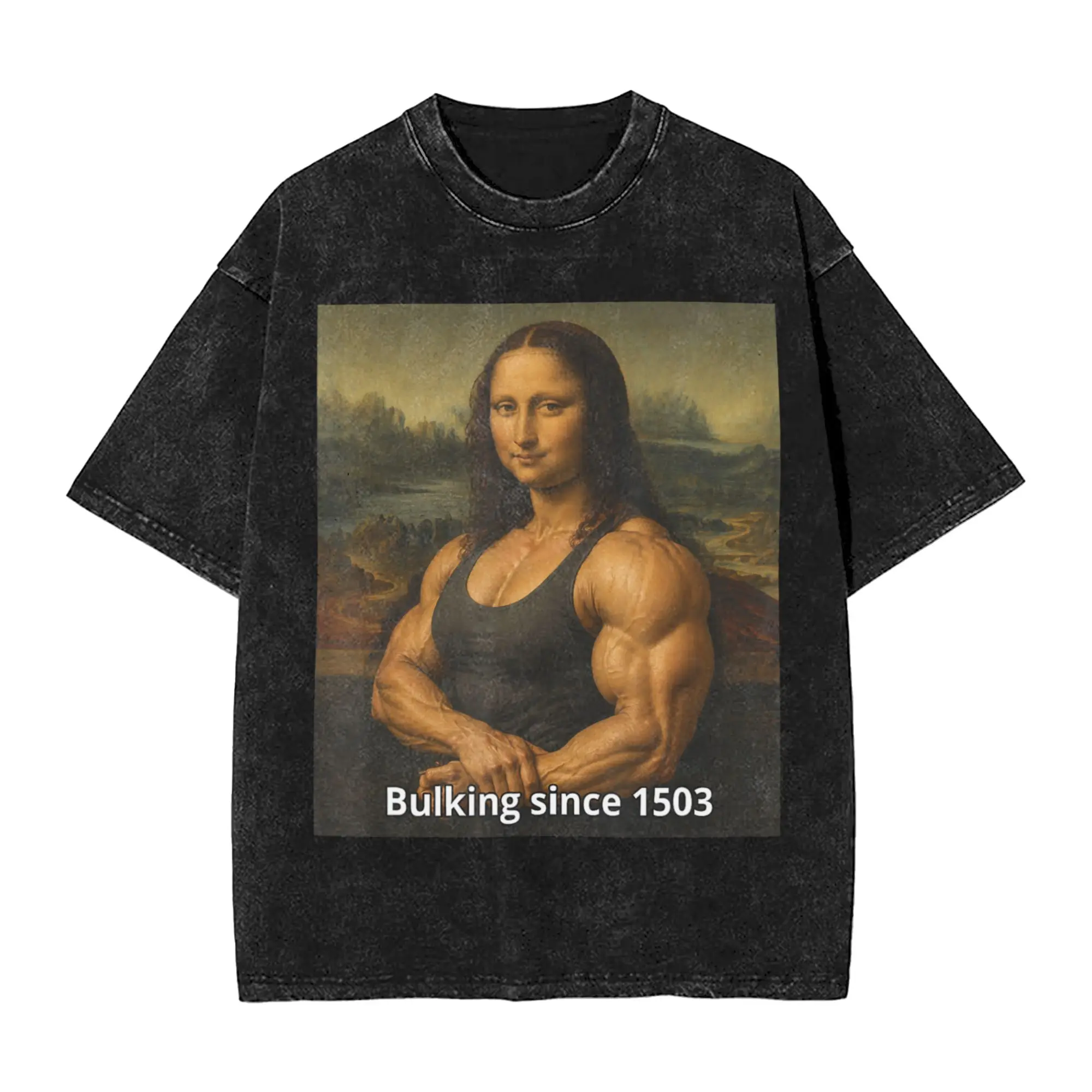 Mens T-Shirt Funny Mona Lisa Bodybuilding Gym Meme Washed T Shirts Harajuku  Summer Tees Y2K Retro Pattern Cotton Tops Hot Sale