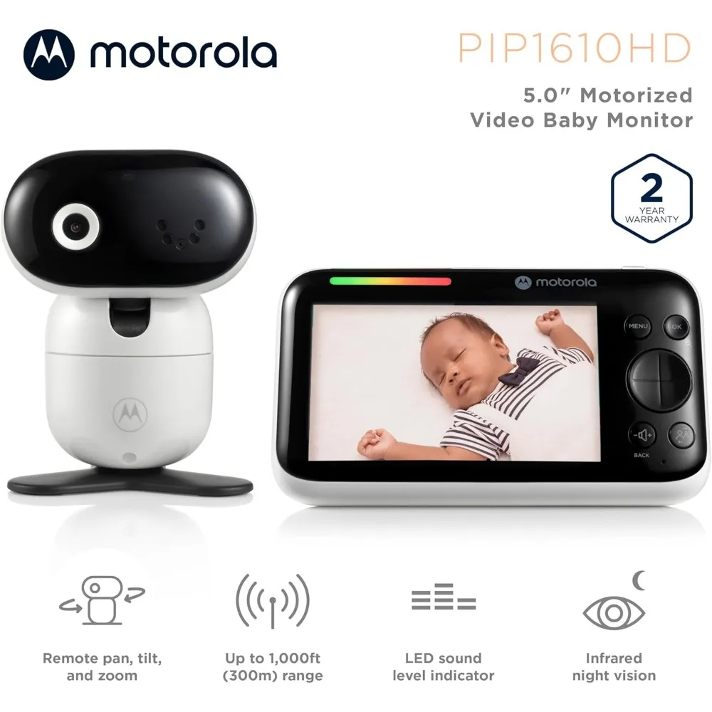 PIP1610 HD Motorized Video Baby Monitor w/Camera, 5" Screen, Wall Mount, 1000ft Range, Two-Way Audio, Room Temperature Monitori
