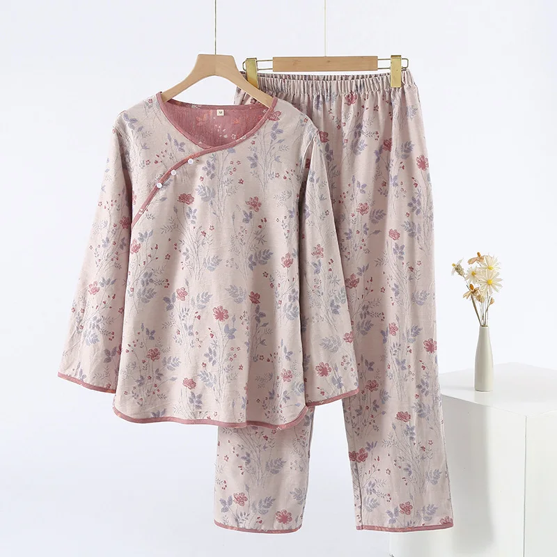 

Jacquard Round Neck Diagonal Placket Bead Buckle Pajamas Set Women's 100% Cotton National Style Long-sleeved Trousers Loungewear