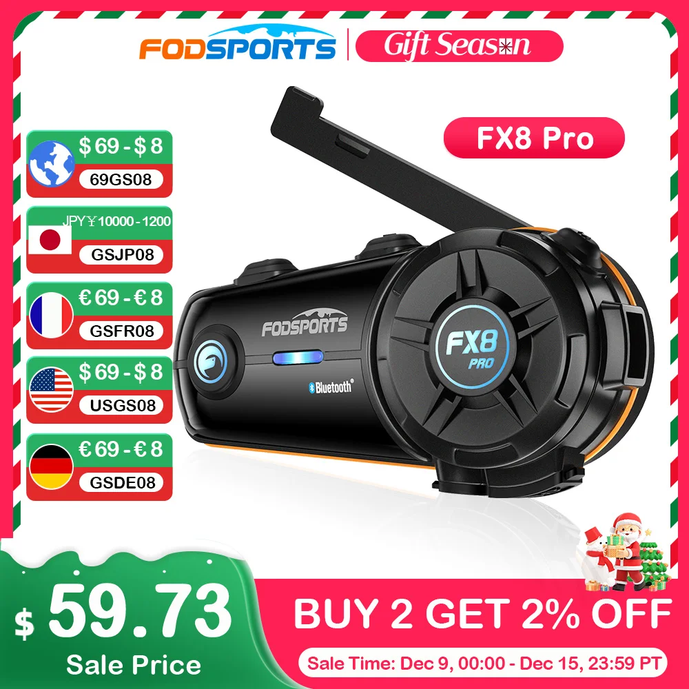 

Fodsports FX8 Pro Motorcycle Intercom Dual Bluetooth Helmet Headset for 8 Riders 1000M Interphone Music Share Audio Mixing FM